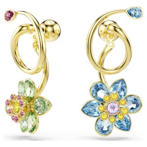 Swarowski 5709025 Idyllia Drop-Ohrhänger Asymmetrisches Design, Verschiedene Schliffe, Blume, Mehrfarbig, 18K Goldbeschichtet